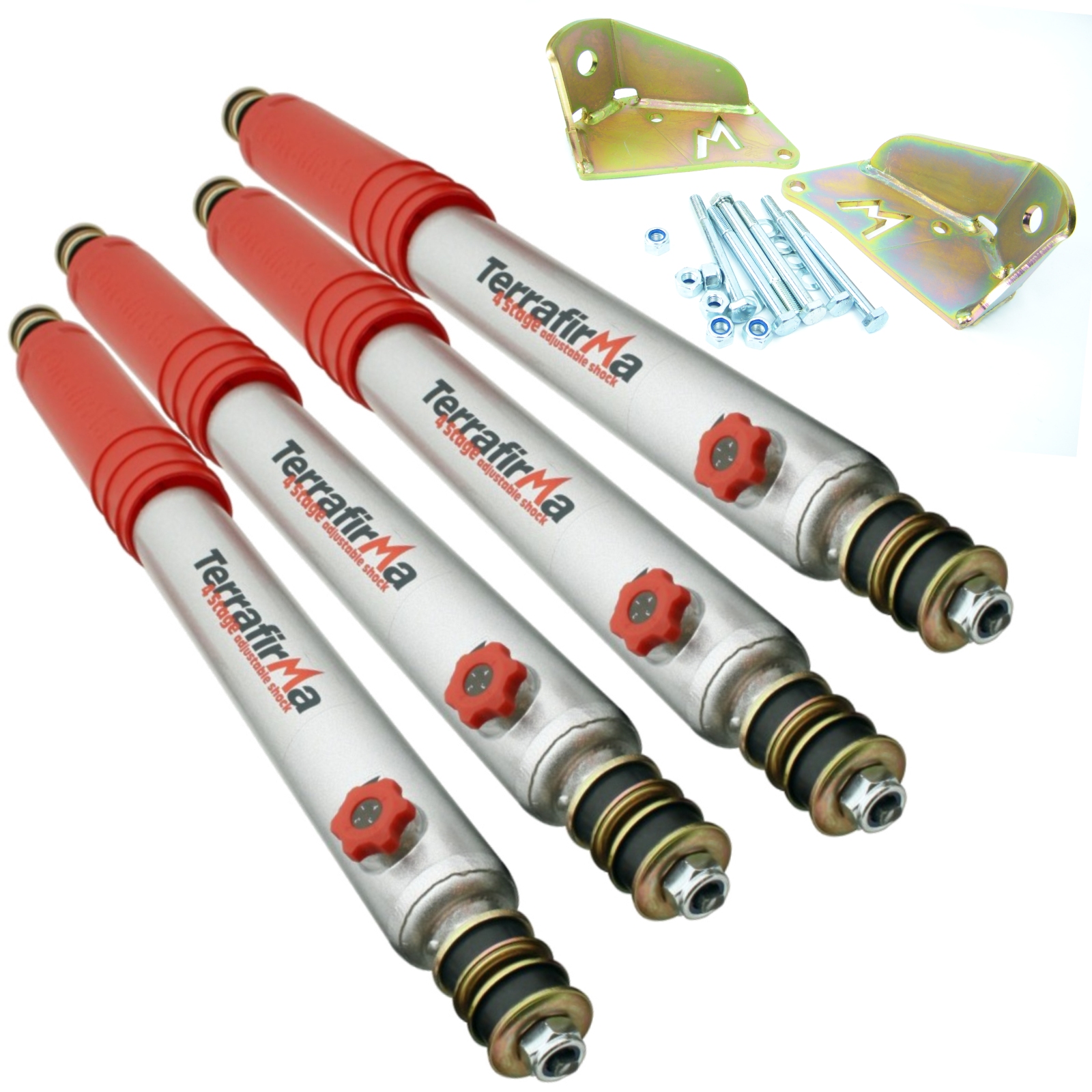 Set of Four Terrafirma 4 Stage Adjustable Shock Absorbers with Rear Upper Mounting Brackets for Defender & Discovery 1 | TF169 Questions & Answers